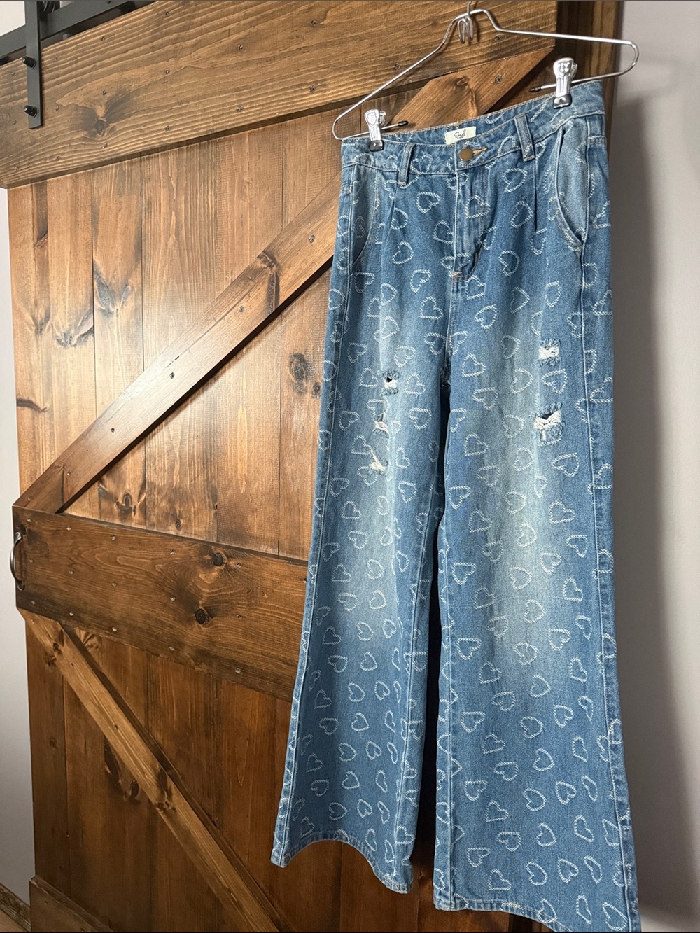 easel Blue Heart-Print Wide Leg Jeans
